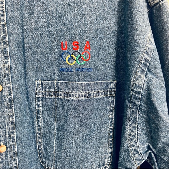 Vintage U.S. Olympics Swingster AT&T Proud Sponsor Men's Blue Denim Shirt XL - Picture 1 of 8